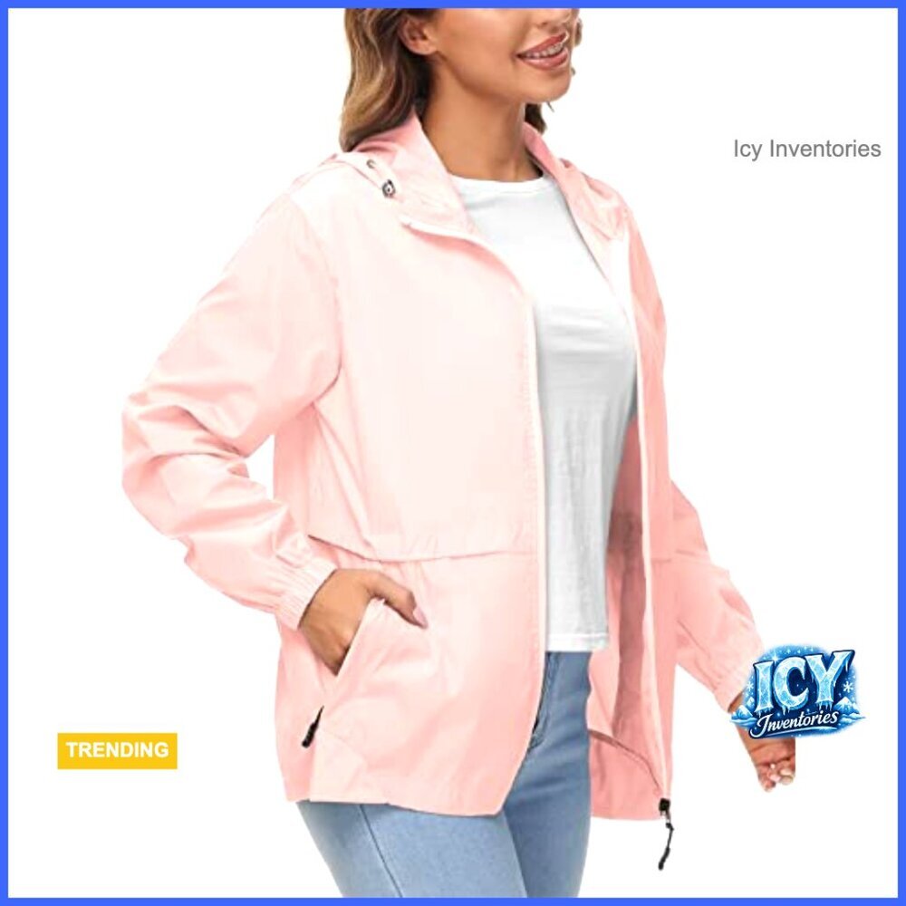 Waterproof Rain Jacket Lightweight Packable Hooded Windbreaker Polyester - Picture 5 of 7